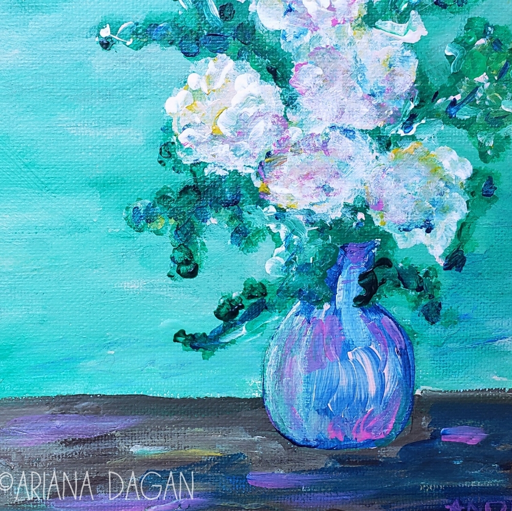 Original OOAK white peony painting 6"x6" on canvas board